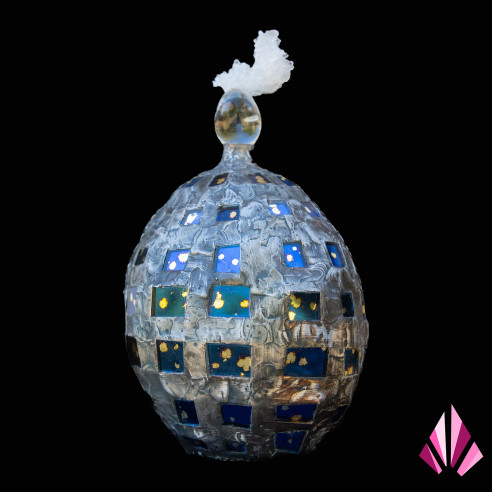Parfum de femme sculpture, unique artistic creation in metal, glass, crystal and quartz with blue inlays