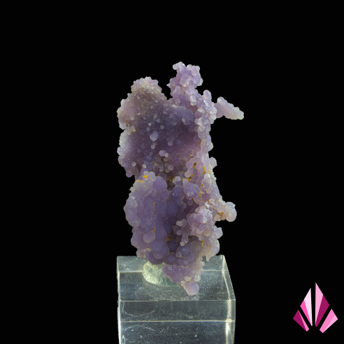 Purple botryoidal chalcedony from Mamuju, Indonesia, displayed on a base.