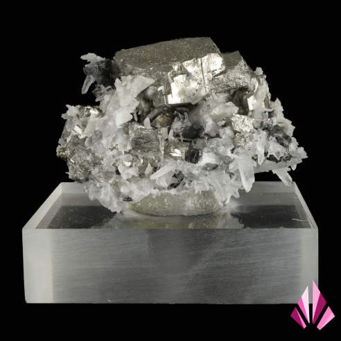 Striated pyrite crystals associated with quartz, rear view of the piece