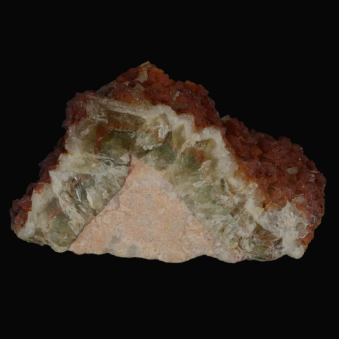 Quartz hématoïde sur fluorite de France, vue arrière avec cristaux de fluorine verdâtre