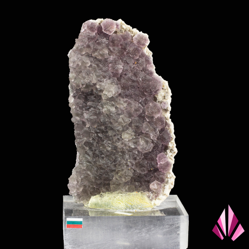 Fluorine violette pâle de la région de Kardjali, Bulgarie, plaque cristallisée présentée sur socle