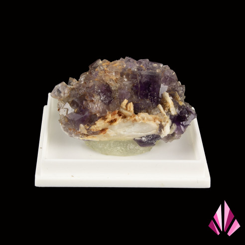 Fluorite and baryte (LLP021) on white socle of plexi box.